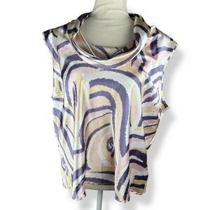Womens Size XL Satin Top Abstract Swirl Print Cowl Neck Sleeveless Pastel Artsy